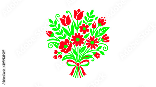 Red Flower Bouquet with Green Leaves and Red Ribbon Bow