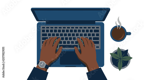 Overhead view of hands typing on a laptop with coffee and plant