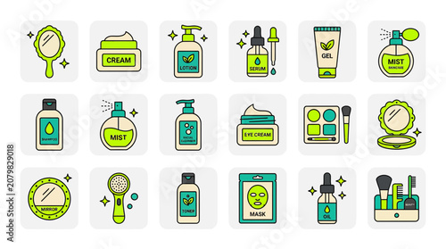Skincare and Cosmetics Icons: Beauty Products, Makeup, Mirror, Face Mask