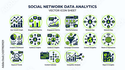 Social Network Data Analytics Vector Icons Sheet