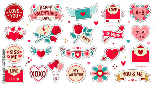 Valentine's Day Stickers Collection: Love, Hearts, Envelopes, Roses, Cute Designs