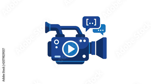 Video Camera Icon with Speech Bubbles, Play Button, and Communication Symbols