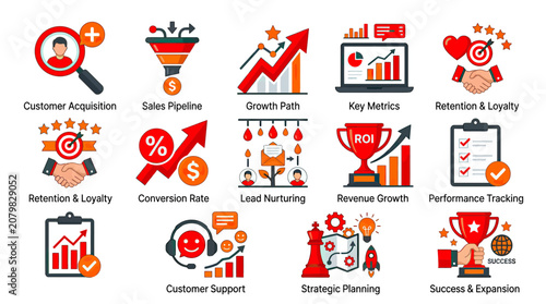 Business Growth Icons: Sales, Marketing, Strategy, Success, ROI, Metrics