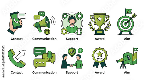Business Success Icons: Contact, Communication, Support, Award, Aim