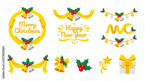 Christmas and New Year Decorations: Bells, Ribbons, Holly, Gifts, Stars