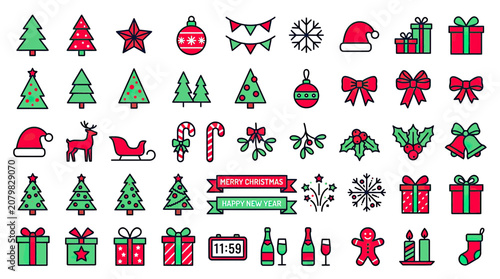 Christmas Icons Set: Trees, Gifts, Santa Hat, Reindeer, Snowflakes, Ornaments