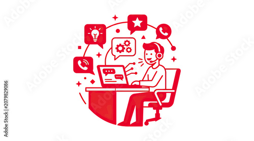 Customer Service Agent with Laptop and Communication Icons