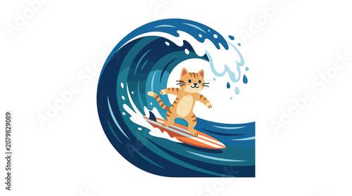 Cute Cat Surfing Big Wave, Adorable Pet Riding Surfboard