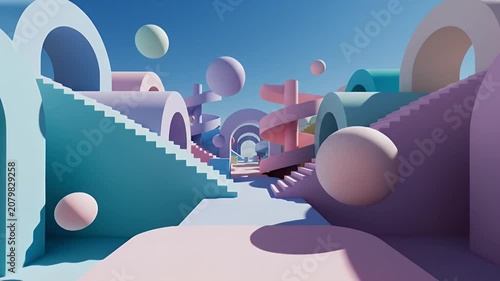 Vibrant Abstract Architectural Landscape of Curved Staircases, Spiraling Ramps, and Pastel Arches
