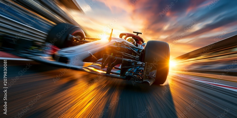Obraz premium Dynamic Formula 1 race car speeding on track during golden sunset with dramatic motion blur and intense speed.