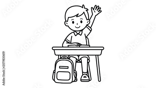 Bild auf Leinwand happy schoolboy raising hand while sitting at classroom desk with backpack cute