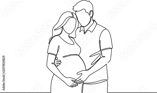 Foto Pregnant couple, embracing belly, expecting parents, minimalist line art