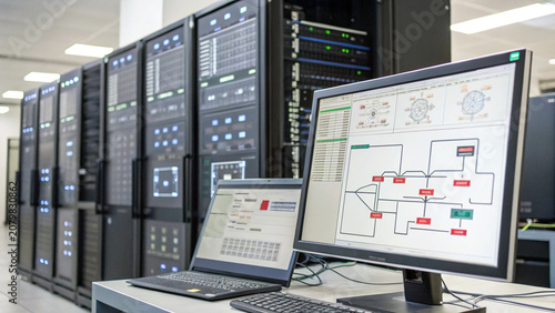 Server room with computer monitors displaying network diagrams and data analysis. environment is high tech and organized, emphasizing digital