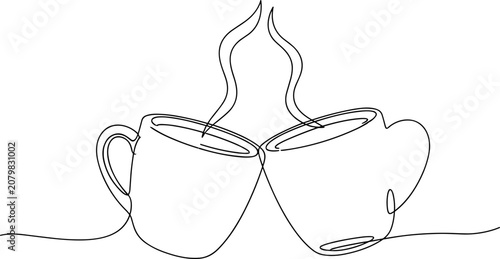 Cuadro en lienzo Continuous line drawing of two steaming coffee cups clinking in celebration