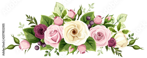 Rose and lisianthus bouquet. Pink and white rose and lisianthus flowers isolated on a white background. Vector floral design element 