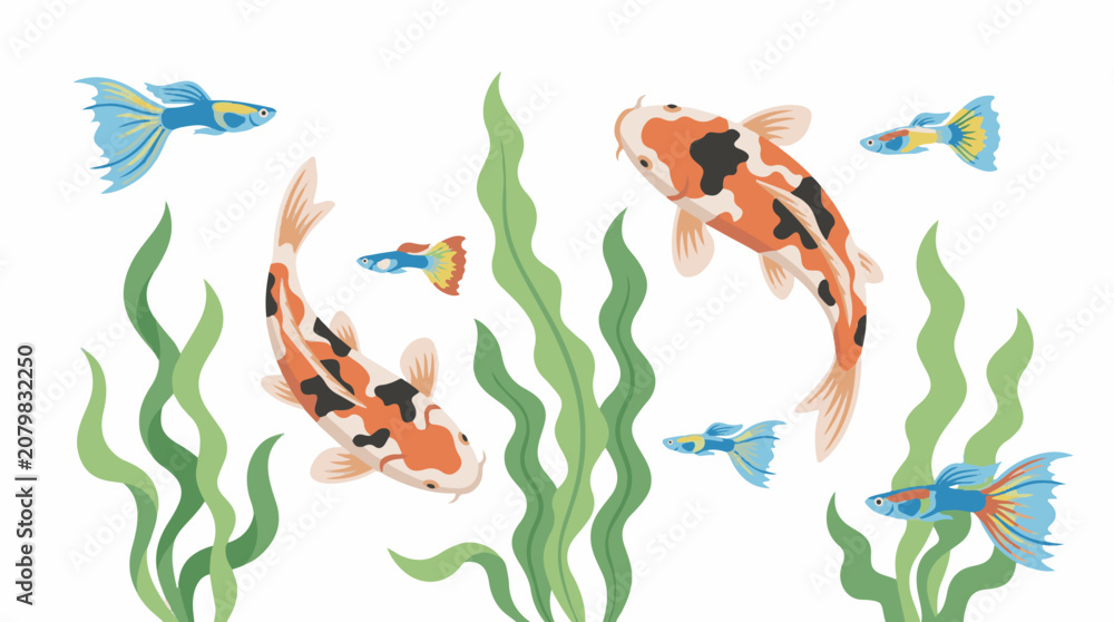 Obraz premium Vibrant Koi Carp and Guppy Fish Swimming Together Among Lush Aquatic Seaweed Plants in a Peaceful Underwater Illustration