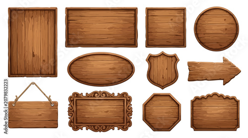 Rustic wooden signs collection, 11 vintage wood planks and boards, brown timber frames for banners and UI game design, isolated vector set