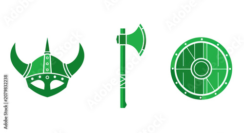 Foto Viking helmet battle axe and round shield silhouettes