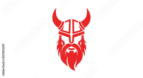 Obraz na plátně Viking warrior head in red with horned helmet and beard