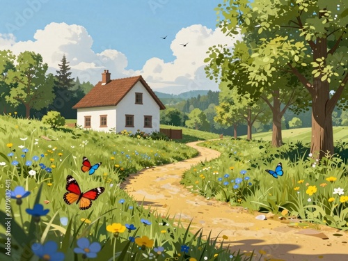 A white cottage with red roof sits on a grassy hillside surrounded by wildflowers butterflies and trees under a blue sky with clouds