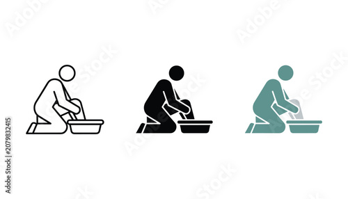 Schilderij op canvas Person kneeling and cleaning or washing floor icon set for housekeeping and jani