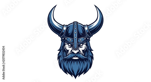 Cuadro en lienzo Fierce viking warrior wearing a blue horned helmet with a beard