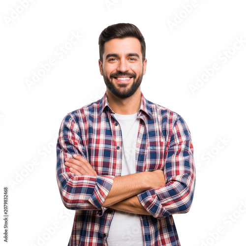 Happy bearded man wearing a casual plaid shirt with arms crossed isolated on transparent background