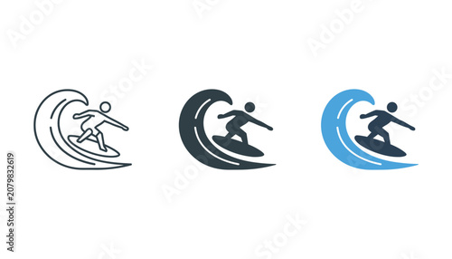 Surfer riding ocean wave icon set featuring outline solid black and flat blue color designs for extreme sports and water recreation branding on clean isolated white background vector graphics