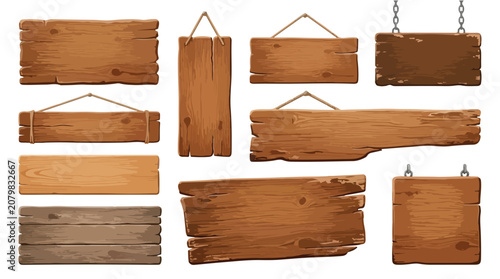 Foto Rustic wooden sign collection, vintage wood plank banners with ropes and chains,