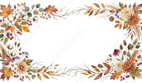 Elegant Watercolor Fall Botanical Corner Border with Autumn Flowers Leaves and Rustic Twigs Vector Illustration