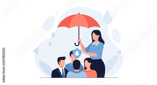 Woman holding umbrella shielding group of people from rain and water drops, concept of insurance and protection