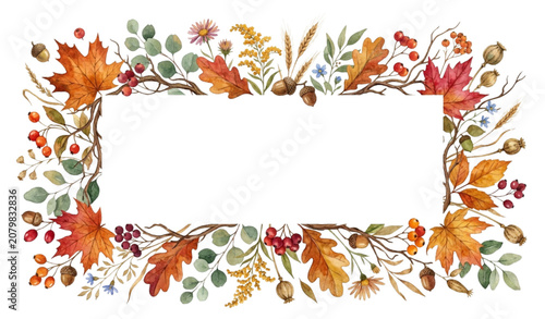 Elegant Watercolor Fall Botanical Corner Border with Autumn Flowers Leaves and Rustic Twigs Vector Illustration