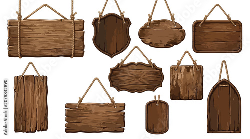 Rustic wooden hanging signs set, vintage dark wood planks with ropes, 10 blank timber boards for western or medieval tavern signage