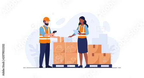 Warehouse workers scanning boxes and checking inventory on pallets, modern flat design illustration