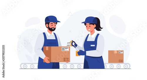 Warehouse Workers Processing Packages on a Conveyor Belt - Logistics and Delivery Concept