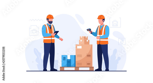 Warehouse Workers Scanning Boxes on Pallet, Logistics and Inventory Management Vector Illustration