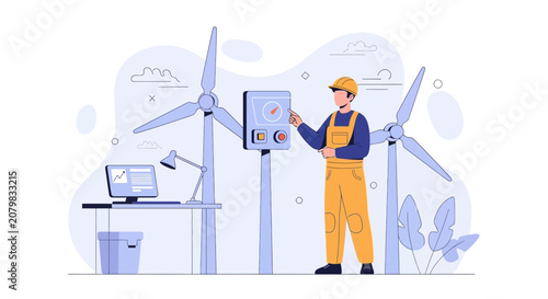 Wind Energy Technician Operating Control Panel Beside Wind Turbines, Clean Renewable Power Generation