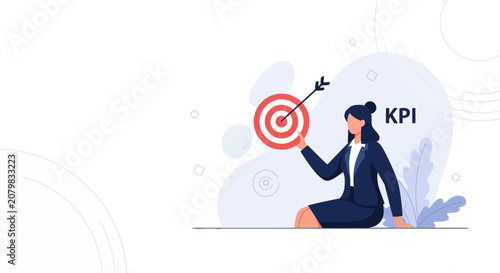 Woman aiming at target with arrow, representing KPI achievement, business goals, and success. Flat vector illustration.