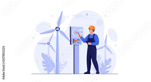 Wind Turbine Technician Operating Control Panel Near Wind Farm - Flat Design Illustration