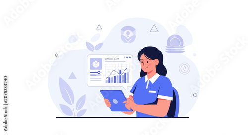 Woman analyzing data on tablet, with charts and graphs displayed on screen, flat design illustration