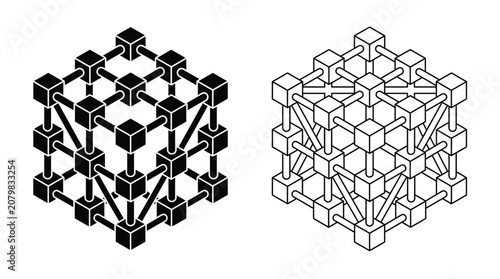 Two isometric cube grid structures rendered in solid black and thin white line art style representing complex geometric connections on a clean crisp white background