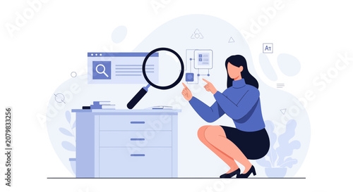 Woman Analyzing Data with Magnifying Glass and Digital Interface, Concept of Research, Search, and Analytics