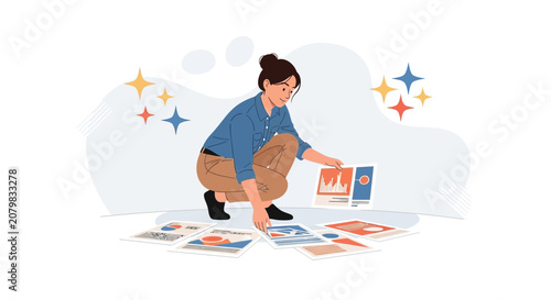 Woman arranging graphic design elements and charts, representing creativity, planning, and data analysis