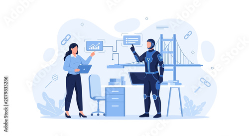 Woman and Robot Collaborating on Futuristic Project, Analyzing Data and Building Bridges