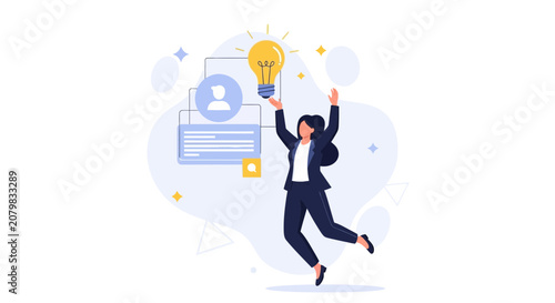 Woman Celebrating Holding Lightbulb - Idea, Innovation, Success, Business Concept Vector Illustration