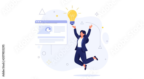 Woman Celebrating Success with Light Bulb Idea and Web Interface Concept Vector Illustration