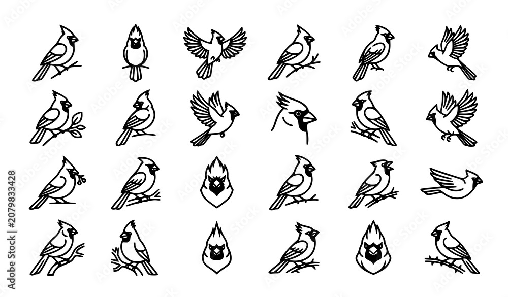 Fototapeta premium Elegant Northern Cardinal Outline Bird Icon Collection for Nature and Graphic Design