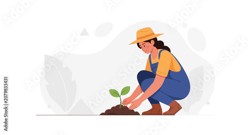 Woman farmer planting seedling in soil, concept of gardening, agriculture, growth, and sustainability