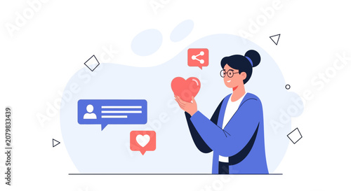 Woman Holding Heart with Social Media Icons: Love, Sharing, and Communication Concept