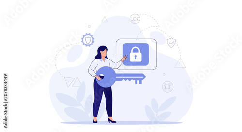 Woman Holding Large Key and Interacting with Digital Padlock Icon, Illustrating Security and Access Concepts